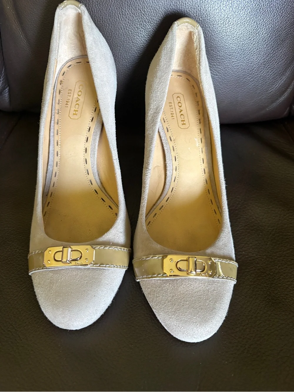 Coach ‘Wanda’ Taupe Suede Pumps
Pretty Gold Accent.
Classic Style and Beauty. - Picture 3 of 13